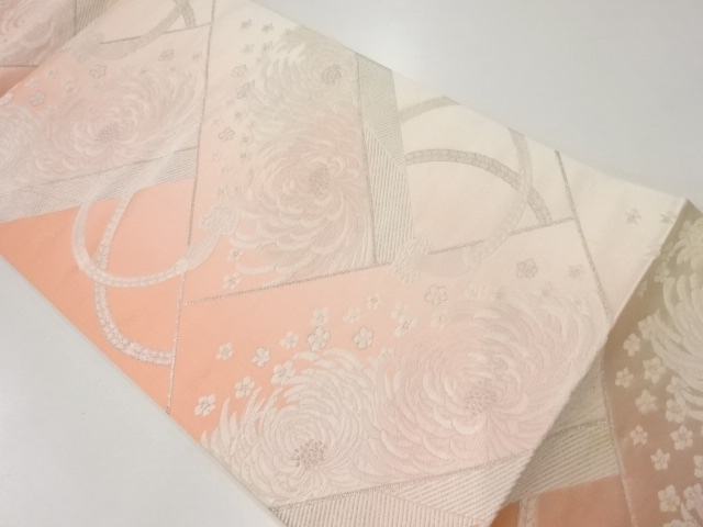 JAPANESE KIMONO / ANTIQUE FUKURO OBI / SILK / WOVEN HIGAKI PATTERN & KIKU